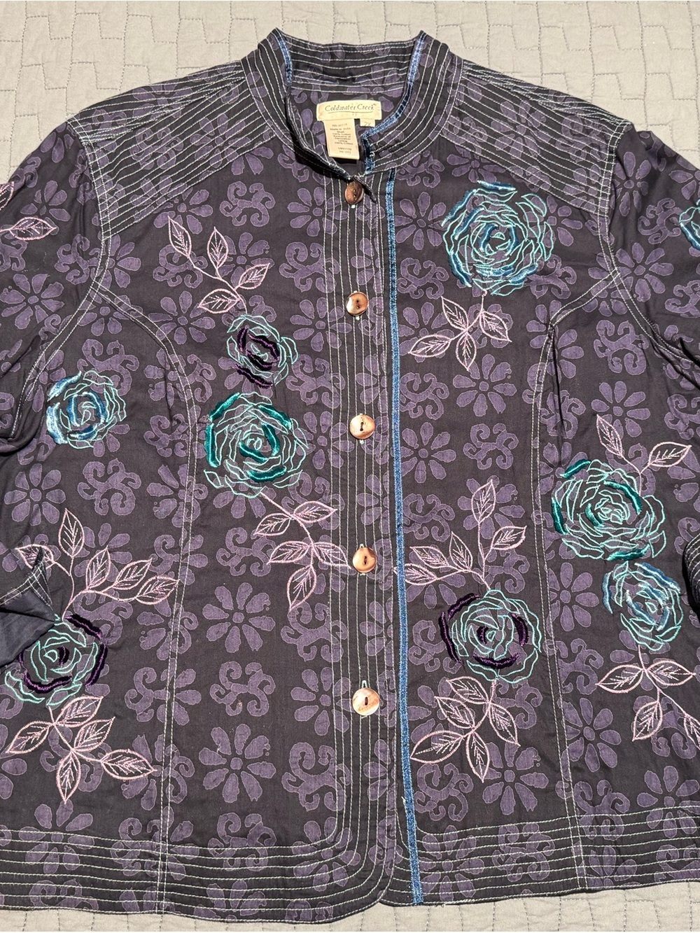 Coldwater Creek Floral Embroidered Jacket in Purple and Teal